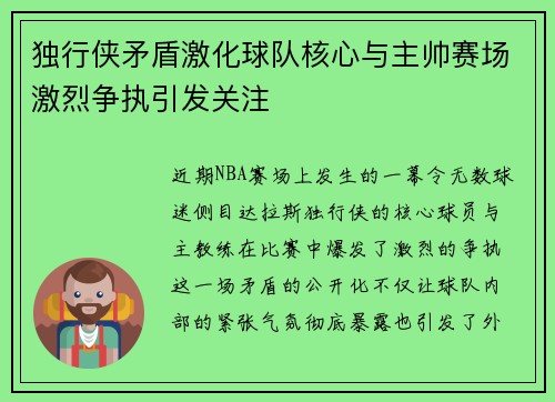 独行侠矛盾激化球队核心与主帅赛场激烈争执引发关注